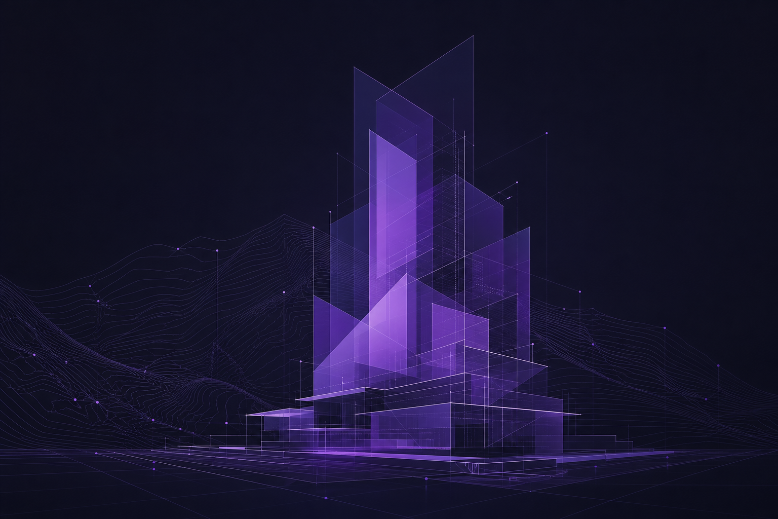 Abstract translucent geometric tower illustration in violet on dark