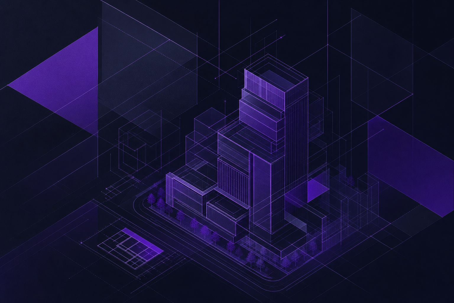Stylized isometric rendering of a multi-level development on a city block