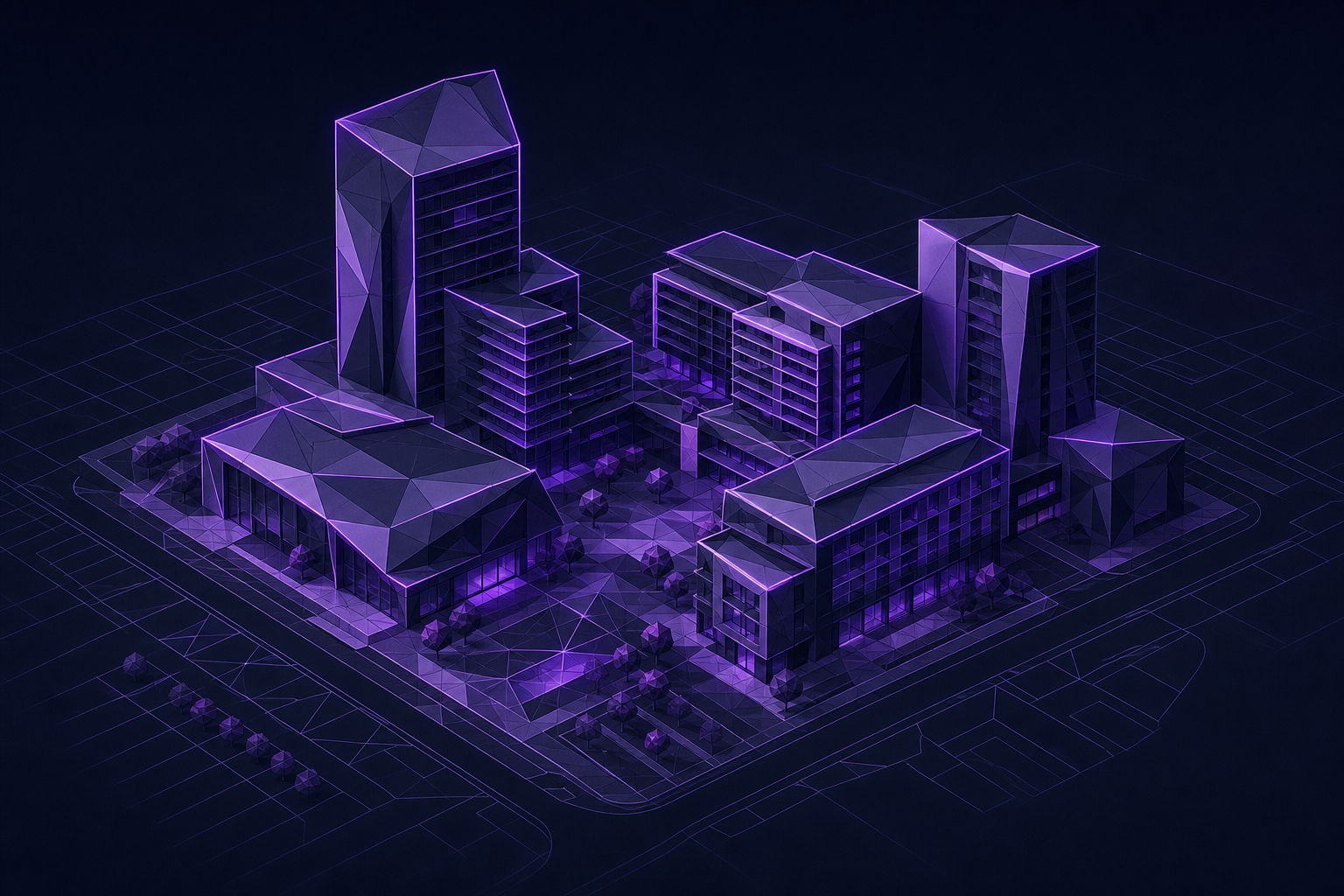 Faceted low-poly massing of a mixed-use block
